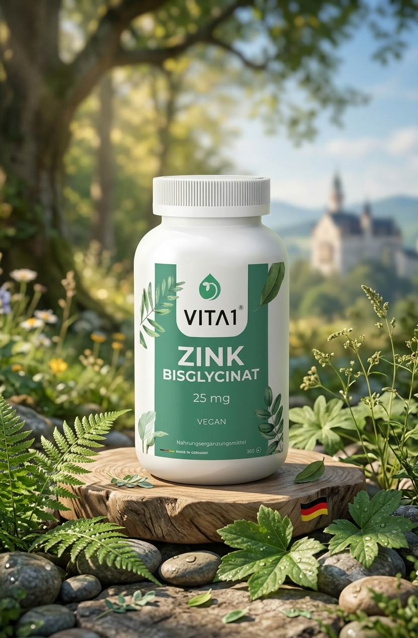 A white bottle of Vita1 Zinc Bisglycinate supplement, 25 mg, sits on a wooden surface outdoors among green leaves and small rocks, with a blurred background of trees and a distant church or castle.