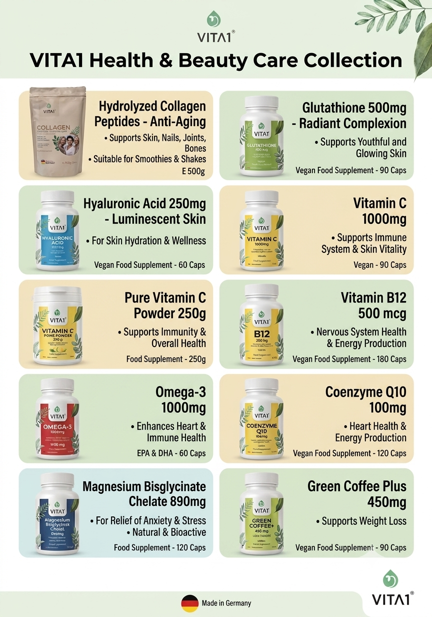 A promotional poster for VITAL Health & Beauty Care Collection featuring various health supplements including Hydrolyzed Collagen Peptides, Glutathione, Hyaluronic Acid, Vitamin C, Pure Vitamin C Powder, Vitamin B12, Omega-3, Coenzyme Q10, Magnesium Bisglycinate Chelate, and Green Coffee Plus, with product images, descriptions, and quantities, on a green and white background with decorative leaves.