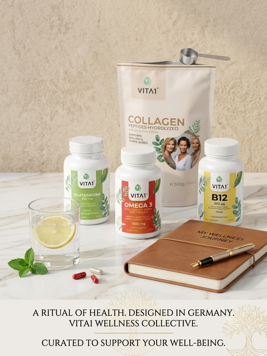 Supplements including collagen powder, glutathione, omega-3 capsules, and vitamin B12, along with a glass of water with lemon, mint leaves, a notebook titled 'My Wellness Journey,' and a silver pen, on a marble surface.