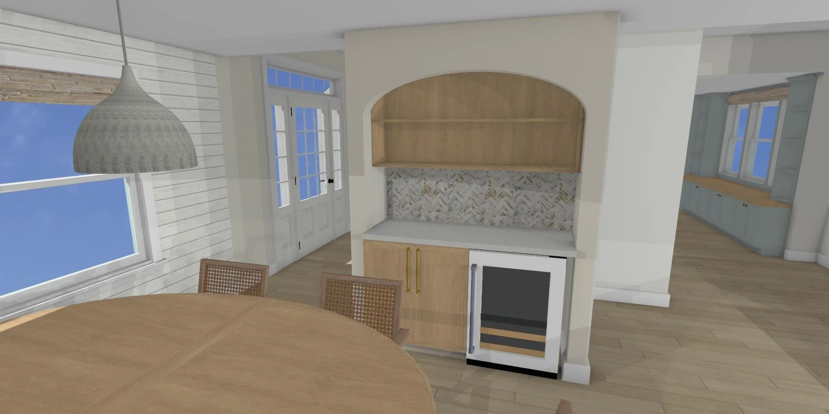 3D model conceptual design of dining room + custom dry bar, also showing a peek of custom living room built-ins.