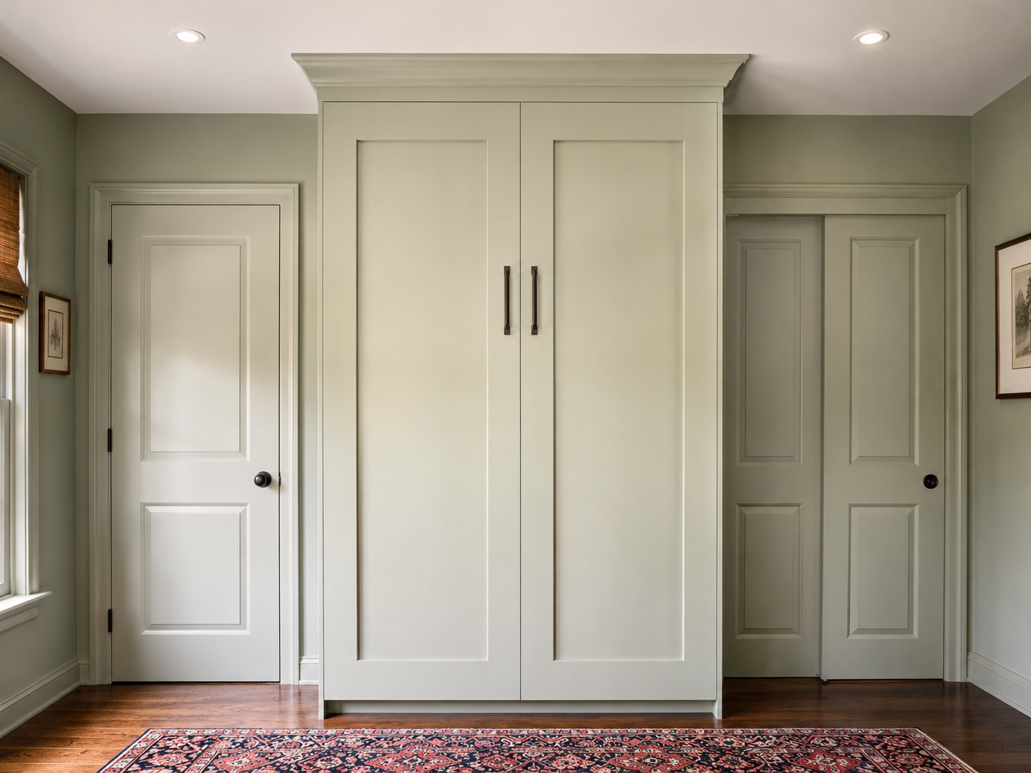 This custom millwork hides the built-in murphy bed in a cozy home office, maximizing the space.