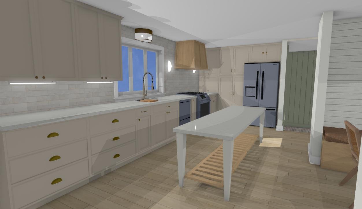 3D model conceptual design showing finishes for a full first floor renovation. We love showing you the vision we’ve come up with!
