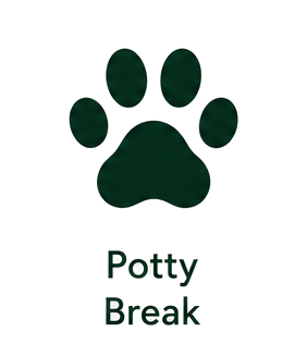 A graphic of a dark green paw print with the text "Potty Break" below it.