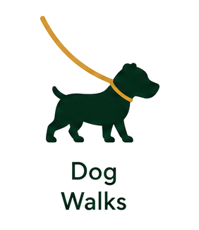 A dog walking with a leash in front of a boat and the text 'Dog Walks'.