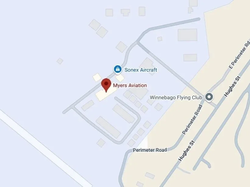 Map showing Myers Aviation and Sonex Aircraft located near Hughes Street and Perimeter Road, with Winnebago Flying Club nearby.