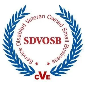 Logo with a blue laurel wreath surrounding text that reads 'Service Disabled Veteran Owned Small Business SDVOSB' and 'cVE' at the bottom.