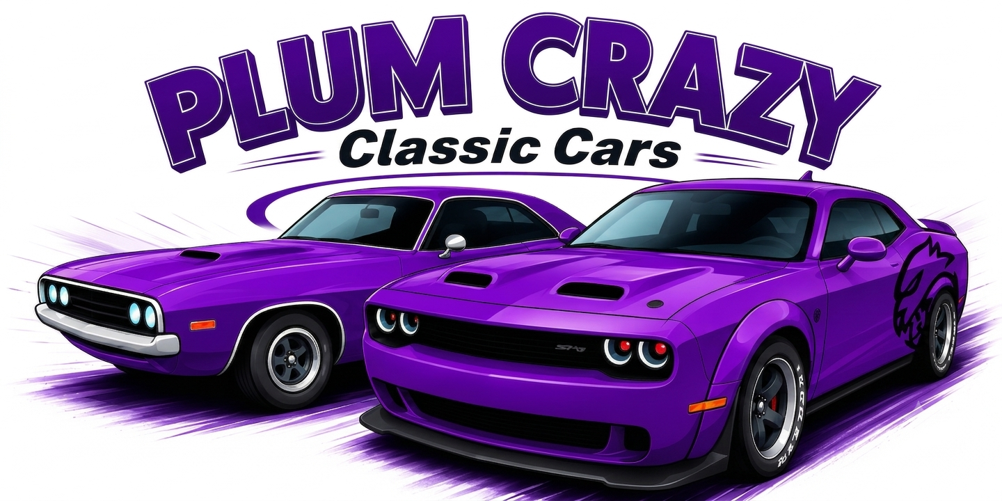 Illustration of two purple classic cars behind the text 'Plum Crazy Classic Cars', with a purple and black theme and a stylized panther logo on the rear of the car on the right.