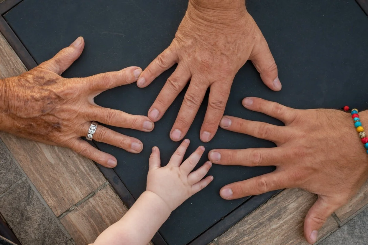 Estate Planning Services - Three adult hands and one child's hand are placed on a black surface, with the child's hand in the center and the adults' hands surrounding it.