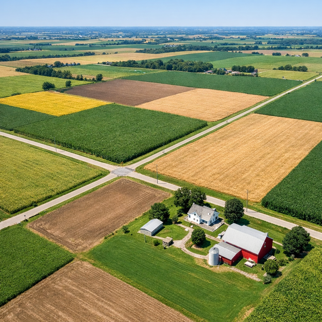 Real Estate Services - Aerial view of farmland with patchwork fields, roads, and a farmstead featuring a white house, red barn, silo, and other outbuildings.