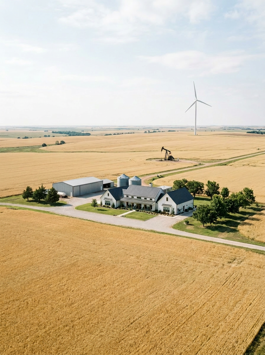 Haines Law Office PLLC in Guymon provides legal services across Oklahoma. Rural farmstead with a large white farmhouse, silos, and barn, surrounded by expansive golden wheat fields, a wind turbine in the distance, and an oil pumpjack.