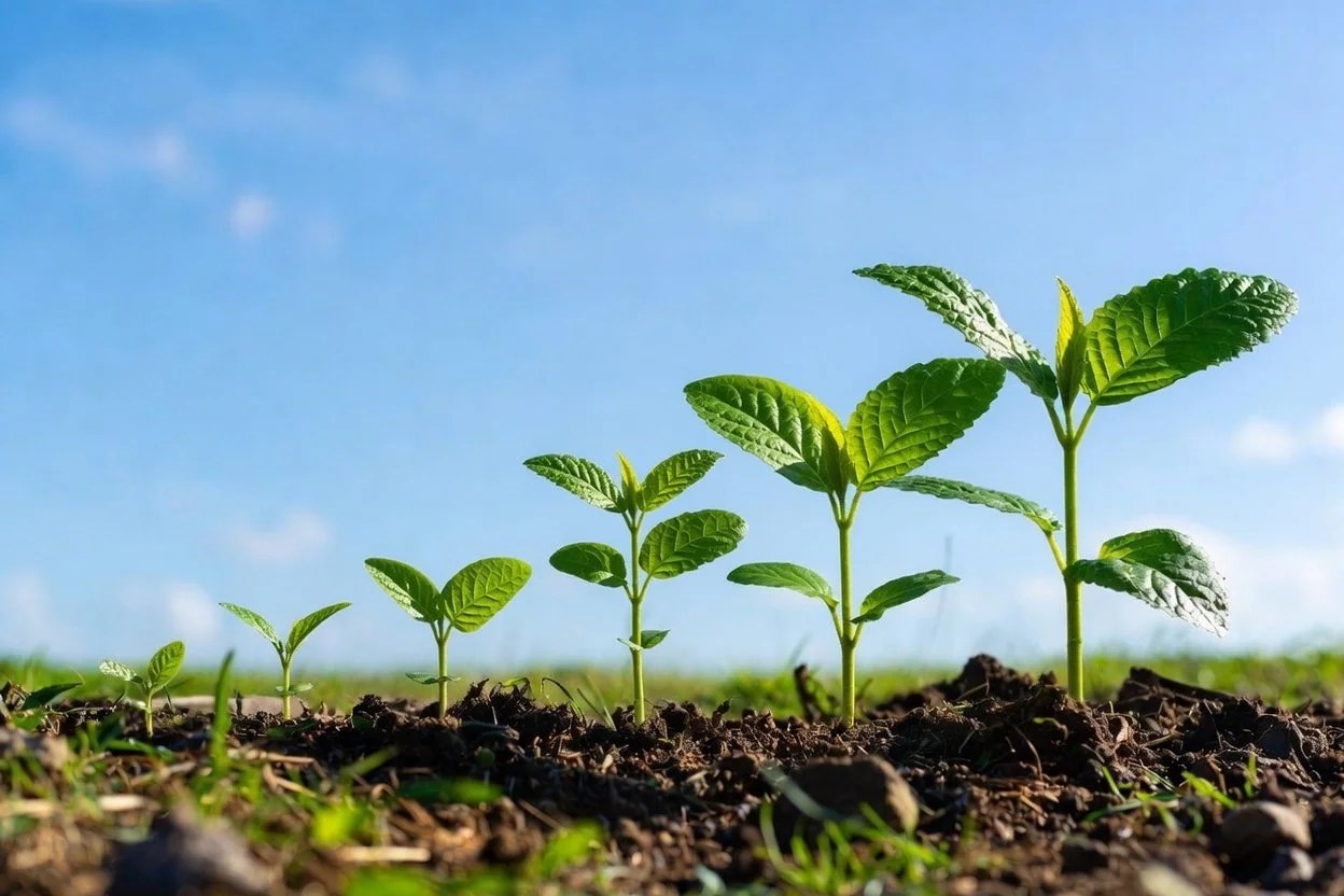 Business Law Services - A row of green plant seedlings growing in soil with a blue sky in the background.