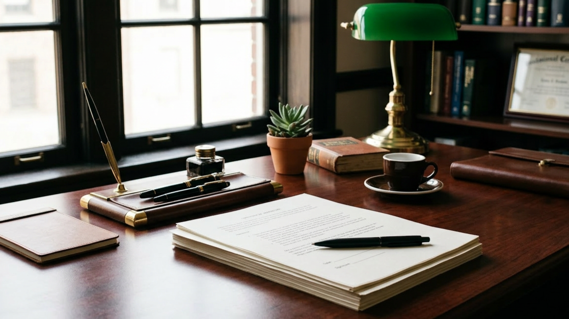Haines Law Office. Wooden desk with office supplies, including a stack of papers, pens, a leather-bound notebook, a small potted plant, a vintage green banker’s lamp, a cup of coffee, a book, and a framed diploma, set near a window with natural light