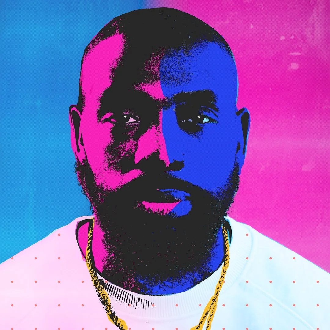 This image features a stylized digital artwork of a man with a beard and short hair, divided into two contrasting color halves—pink on the left and blue on the right—against a pink and blue gradient background.