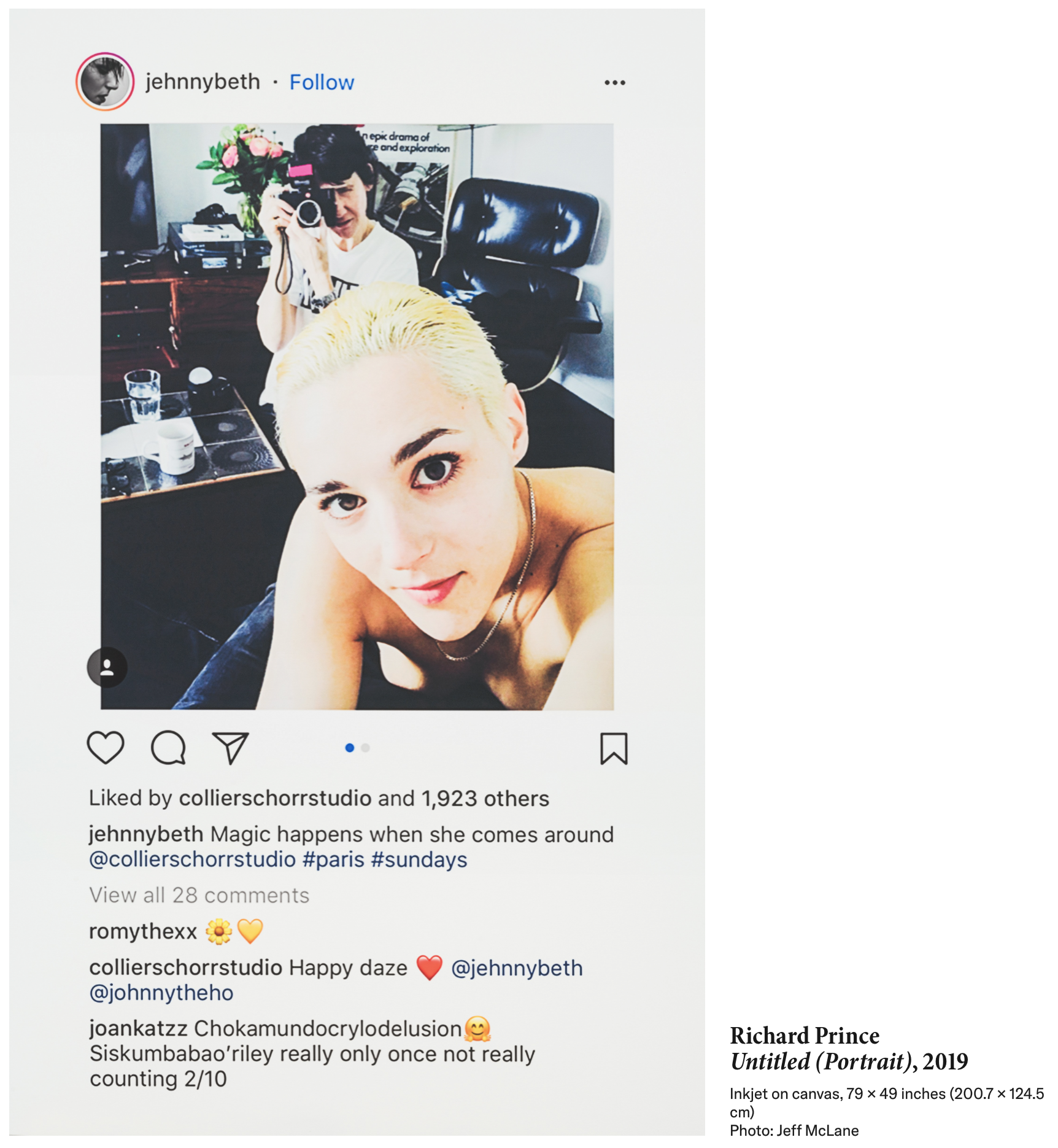 Richard Prince artwork that shows an Instagram Post with all icons. It includes emojis. The photo is of a nude woman close to the lens and looking in. Behind her is Prince with his camera up photographing the scene.