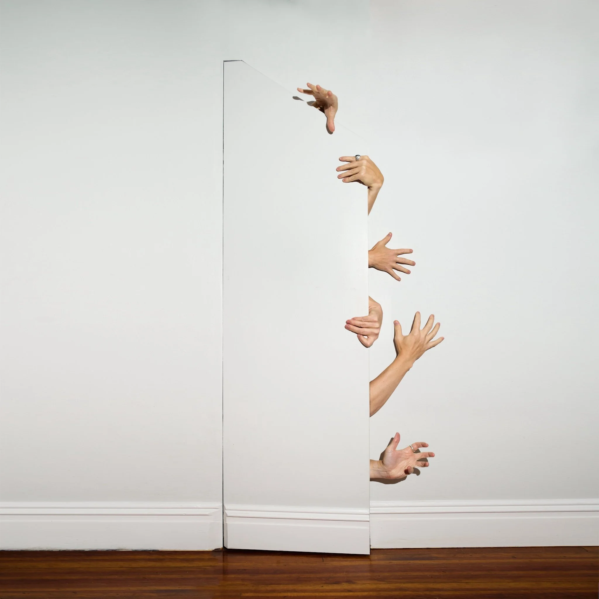 Multiple human hands with rings and jewelry emerging from behind white closet doors, creating an optical illusion of hands reaching out from the closet. The closet has white panels and is set against a white wall with a hardwood floor.