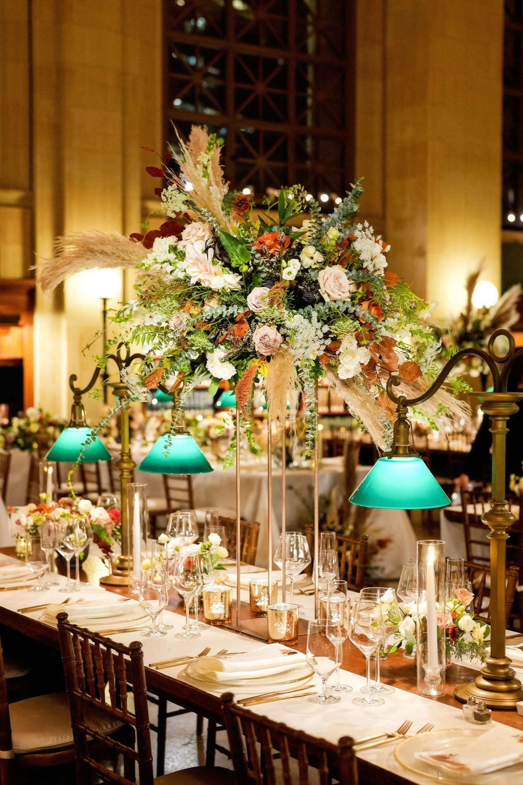 Luxury wedding table decorations and flora centrepiece at a wedding at the Boston Public Library