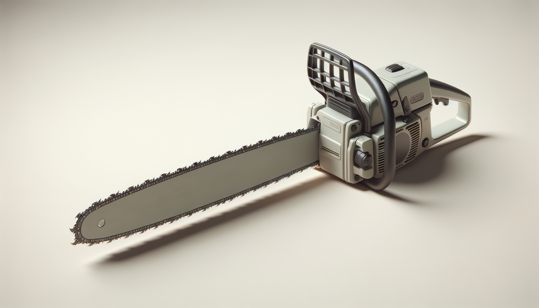 A vintage chainsaw with a long blade, black handle, and gray body, placed on a plain light-colored background.