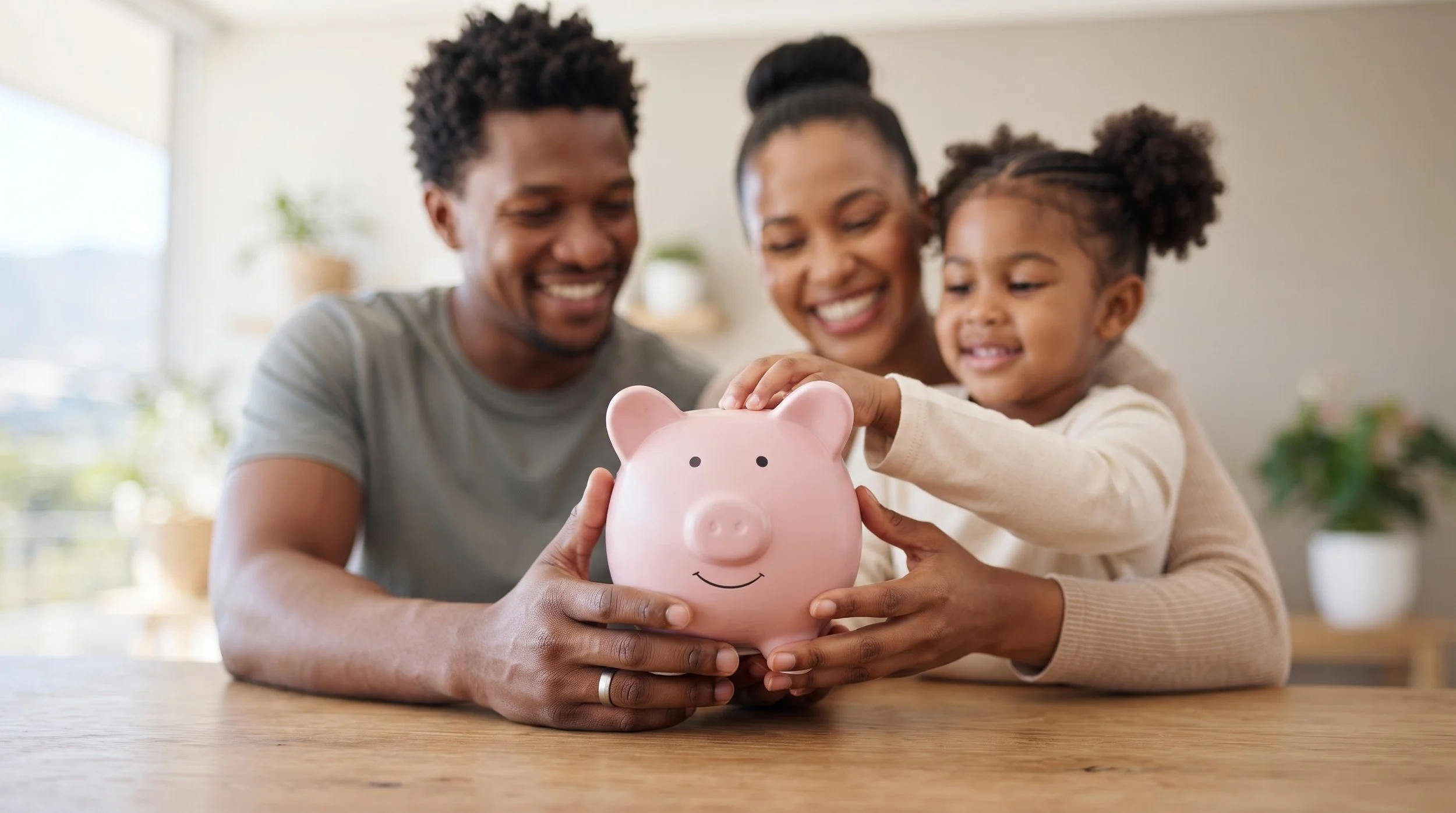 A family of three smiling and holding a pink piggy bank together at a wooden table in a bright room.