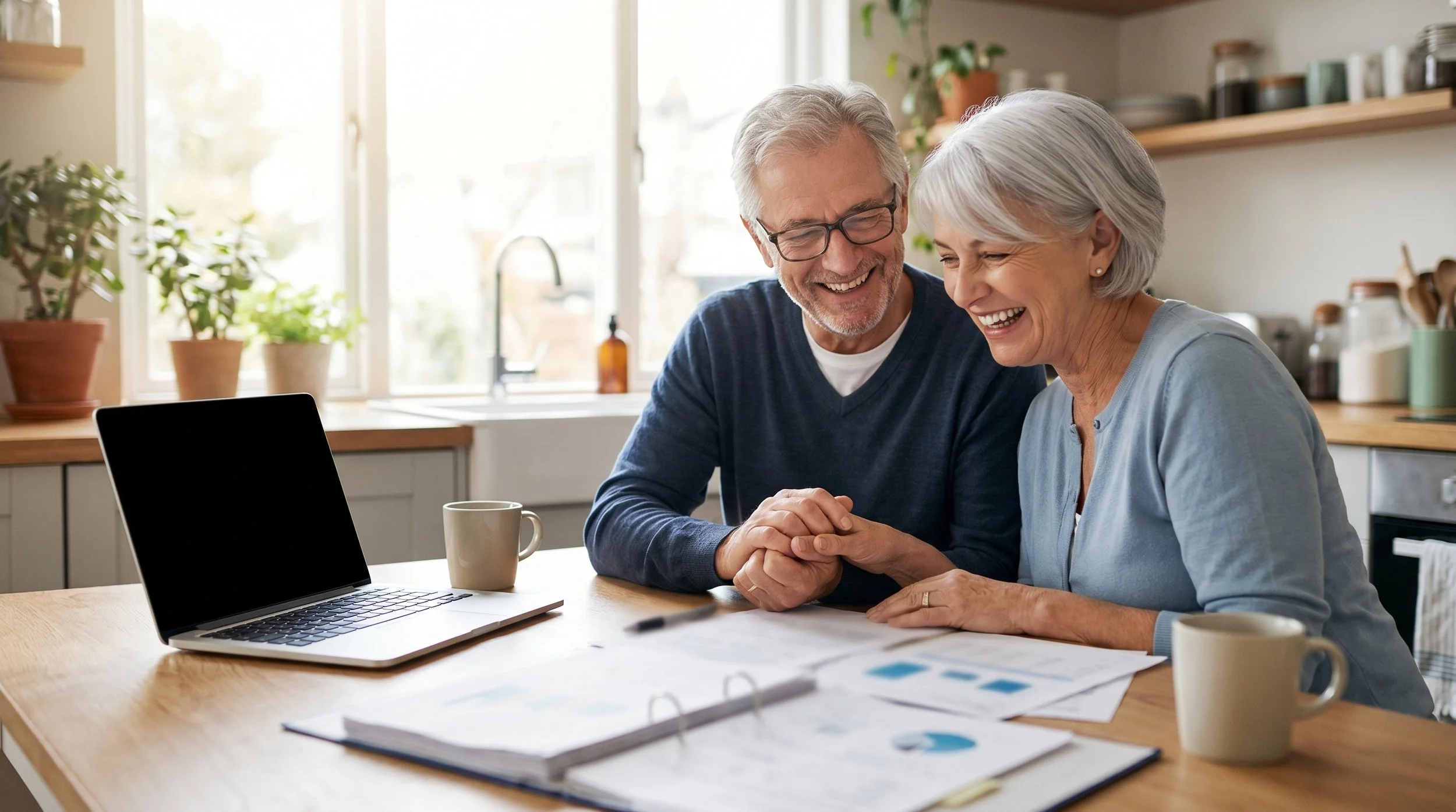 An elderly couple smiling and holding hands at a kitchen table with a laptop, cups, and papers, near a window with plants in the background.