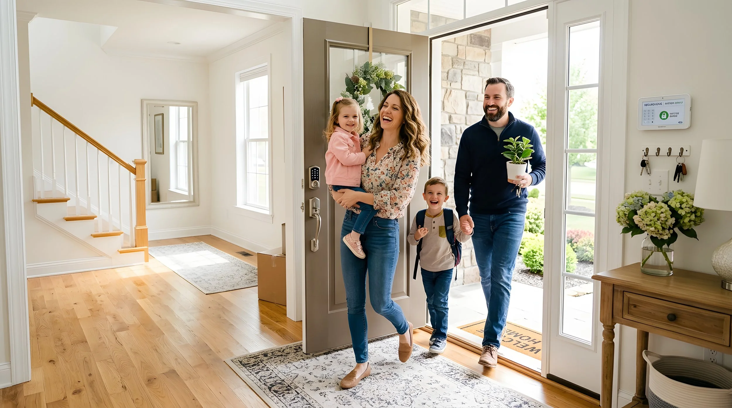 A family of four, including a woman, man, girl, and boy, stands at the front door of their home, smiling and greeting each other on a sunny day.
