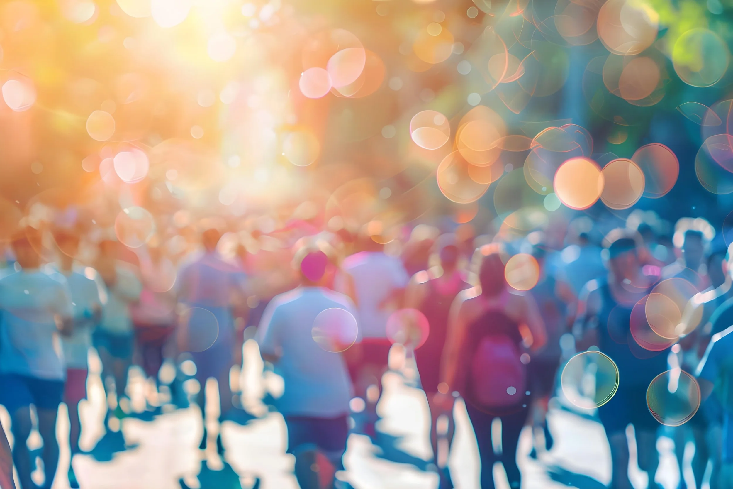 People gathered at a vibrant event with colorful blurred lights and bokeh effects, creating an energetic atmosphere.