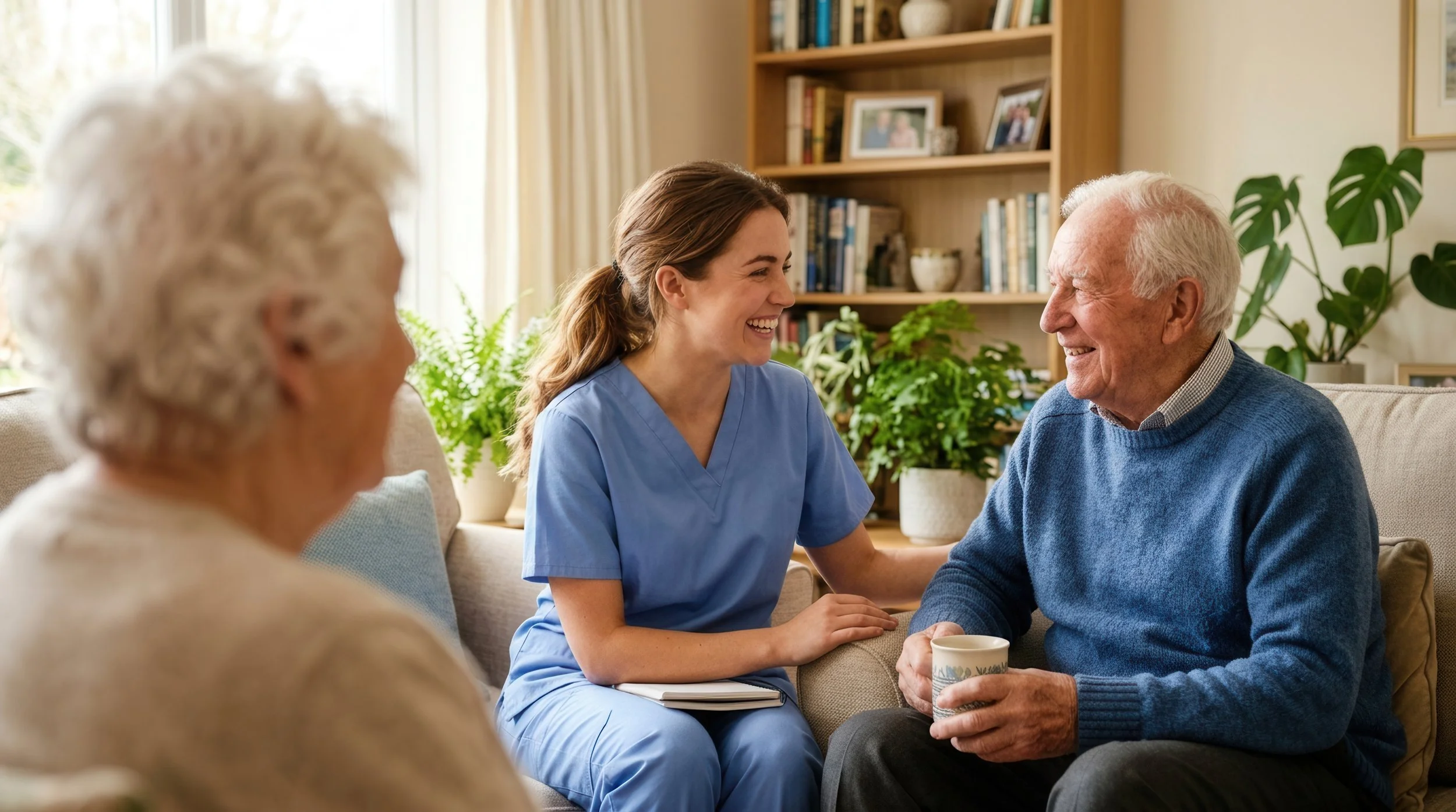Nursing home caregivers smiling and talking with an elderly man with white hair, holding a mug, in a cozy living room with bookshelves and plants.