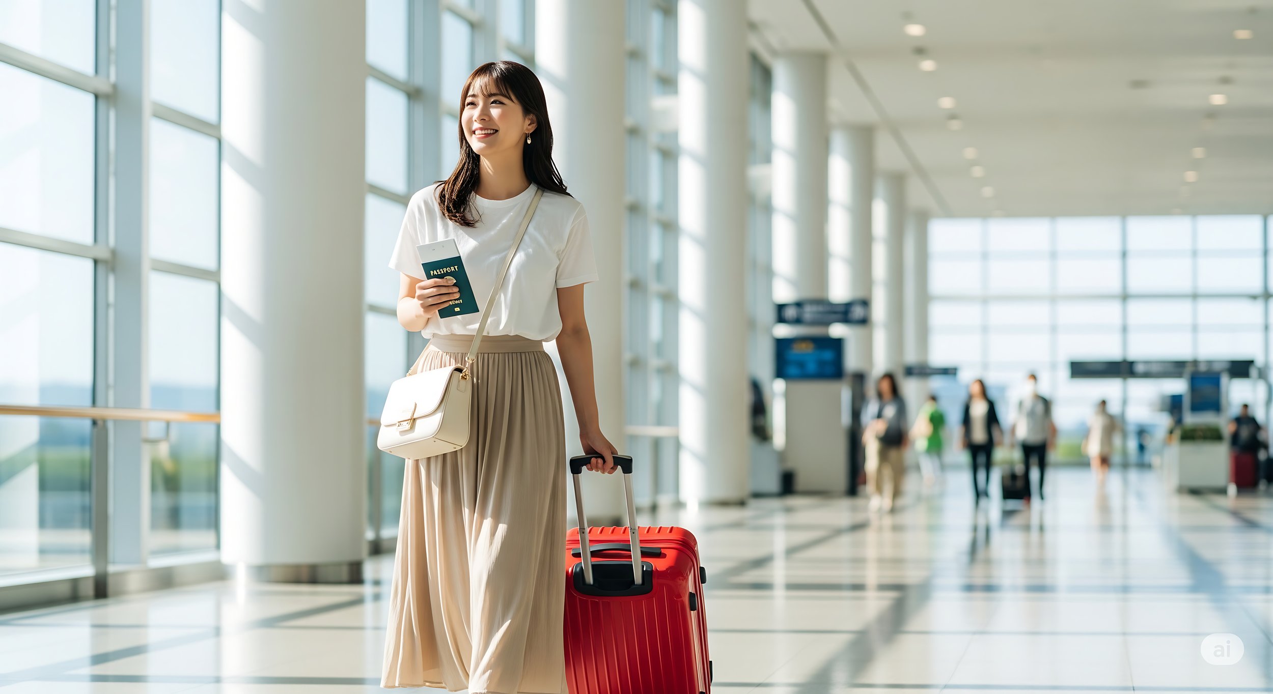 A smiling woman at an airport holding a passport and standing next to a red rolling suitcase, with other travelers visible in the background.