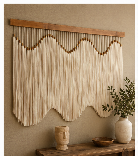 Swell custom yarn wall hanging featuring long neutral yarn strands arranged in a flowing wave pattern on a wooden base.