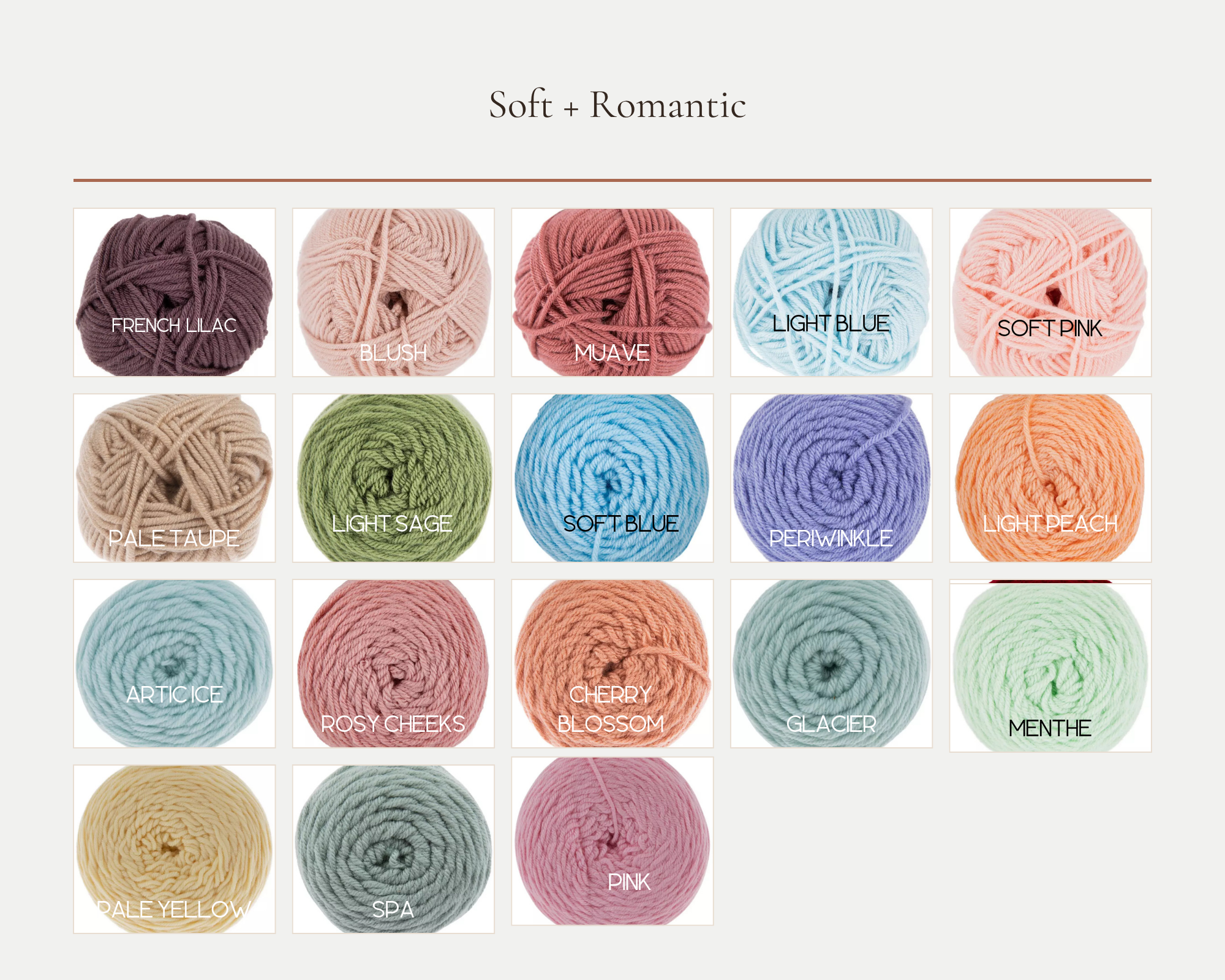 Selection of colorful yarn balls labeled with color names such as French Lilac, Blush, Muave, Light Blue, Soft Pink, Pale Taupe, Light Sage, Periwinkle, Light Peach, Articice, Rosy Cheeks, Blossom, Glacier, Menthe, Pale Yellow, Spa, and Pink.
