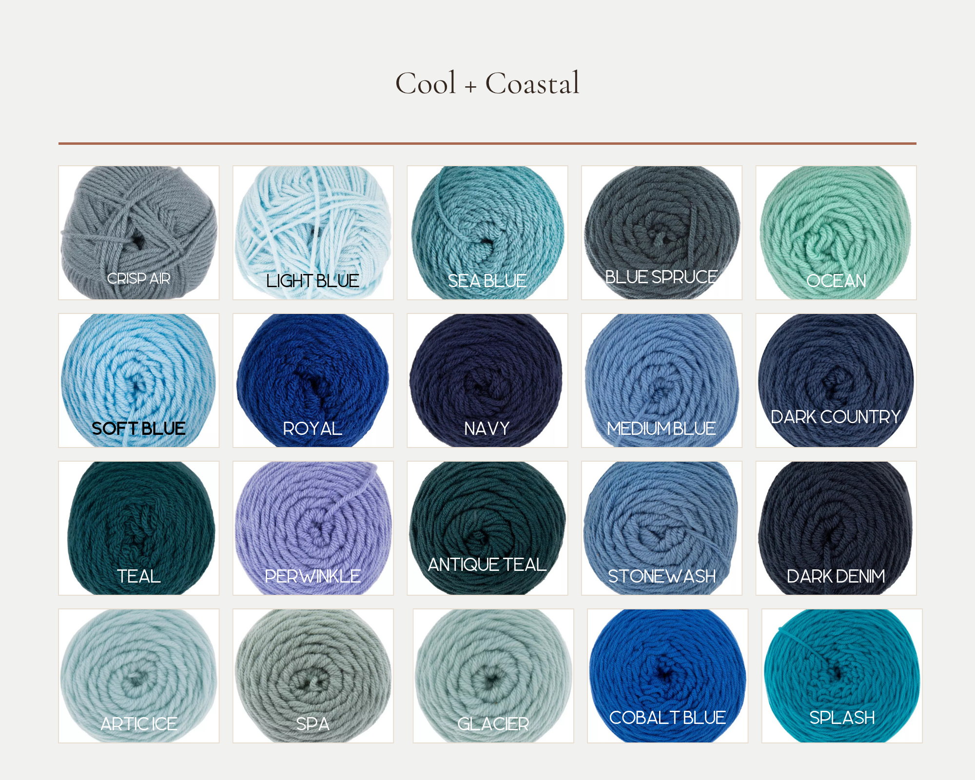 A selection of yarn balls in various colors with names labeled, including Crisp Air, Light Blue, Sea Blue, Blue Spruce, Ocean, Soft Blue, Royal, Navy, Medium Blue, Dark Country, Teal, Periwinkle, Antique Teal, Artic Ice, Spa, Glacier, Cobalt Blue, Splash.