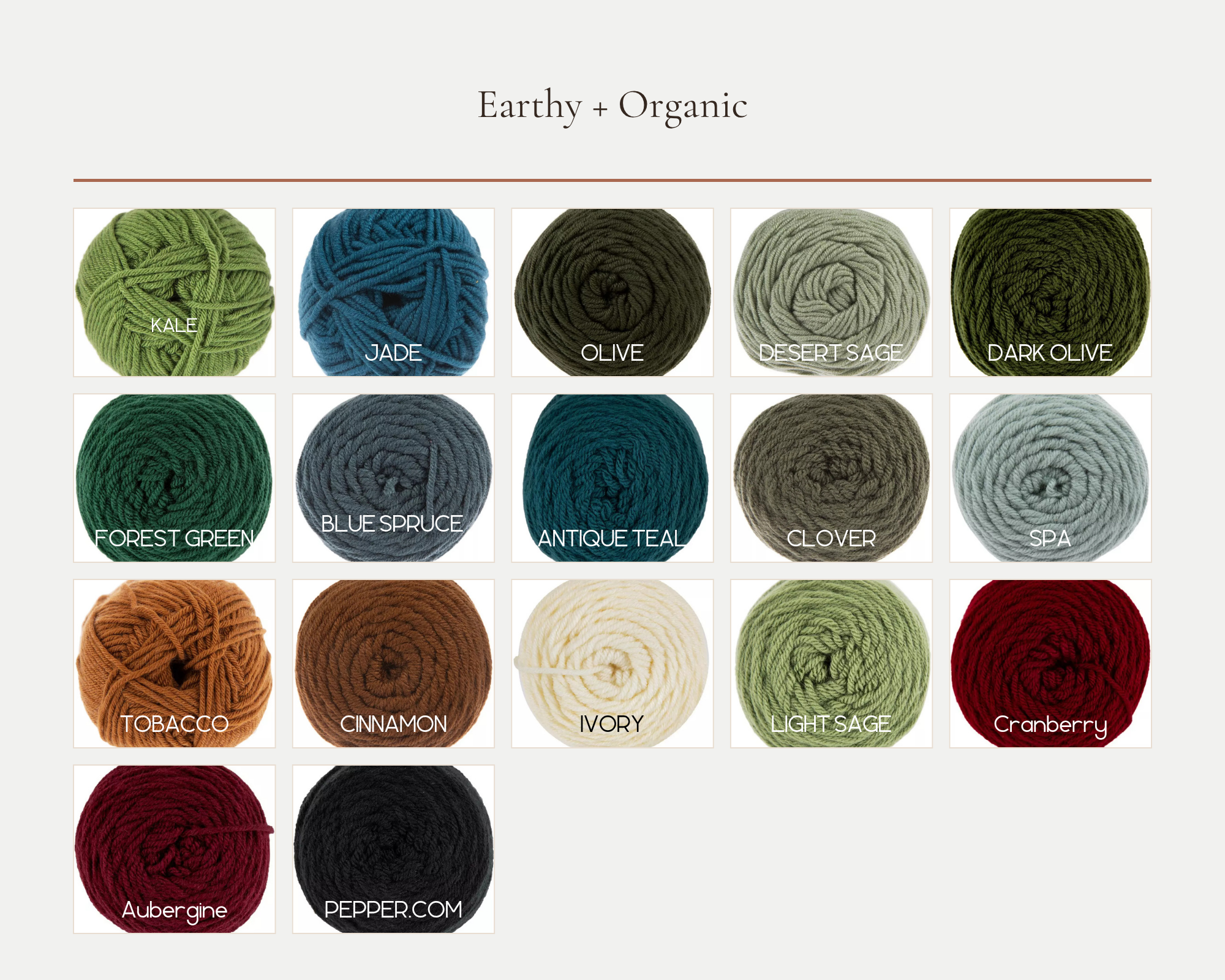 Display of yarn balls in various colors with labels: Kale, Jade, Olive, Desert Sage, Dark Olive, Forest Green, Blue Spruce, Antique Teal, Clover, Spa, Tobacco, Cinnamon, Ivory, Light Sage, Cranberry, Aubergine, Pepper.