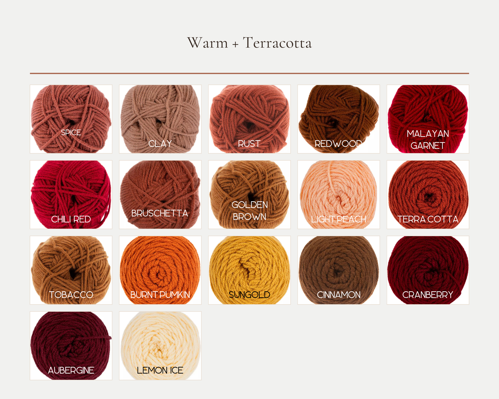 An array of yarn balls in various colors with labels, titled 'Warm + Terracotta.' The colors include spice, clay, rust, redwood, malayan garnet, chili red, Bruschetta, golden brown, light peach, tobacco, burnt pumpkin, sungold, cinnamon, cranberry, aubergine, lemon ice, and other shades.