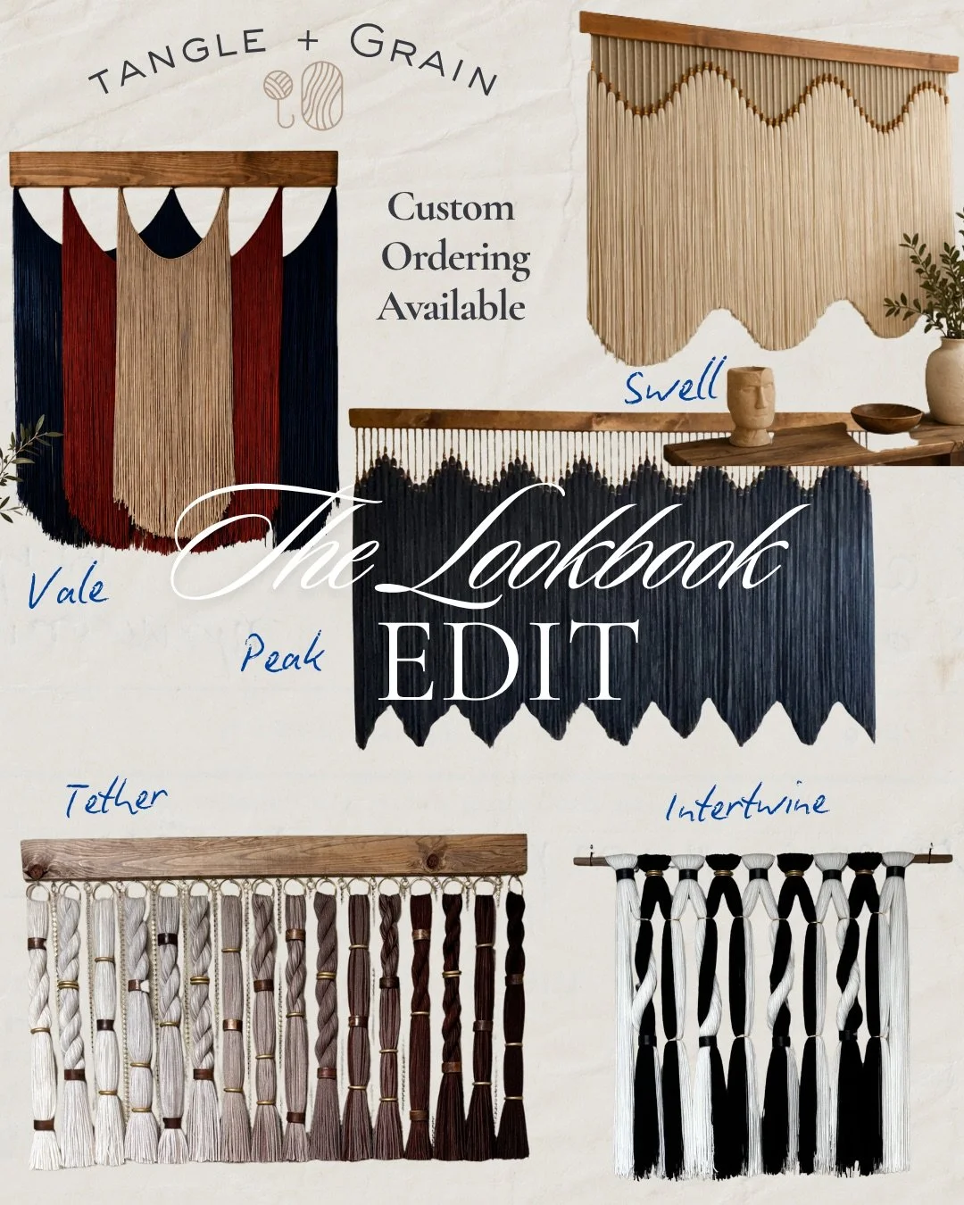 Display of various tasseled curtain or textile samples with text promoting custom orders, featuring design names such as Vale, Peak, Tether, Swell, and Intertwine, and the title 'The Lookbook' for the brand Edity.