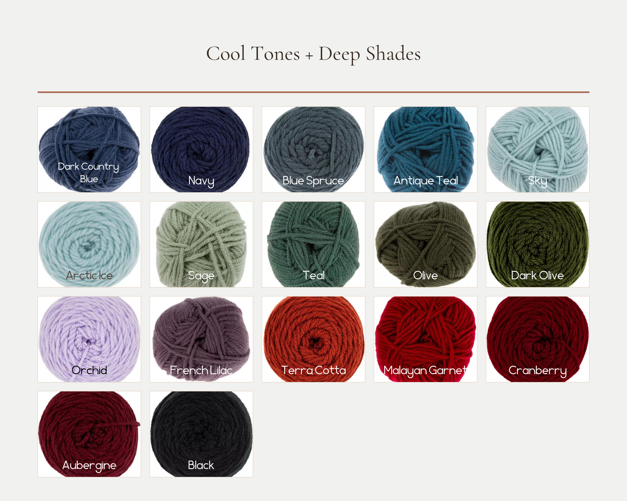 Collection of yarn balls in various cool tones including dark country blue, navy, blue spruce, antique teal, sky, arctic ice, sage, teal, olive, dark olive, orchid, french lilac, terracotta, malayan garnet, cranberry, aubergine, and black.