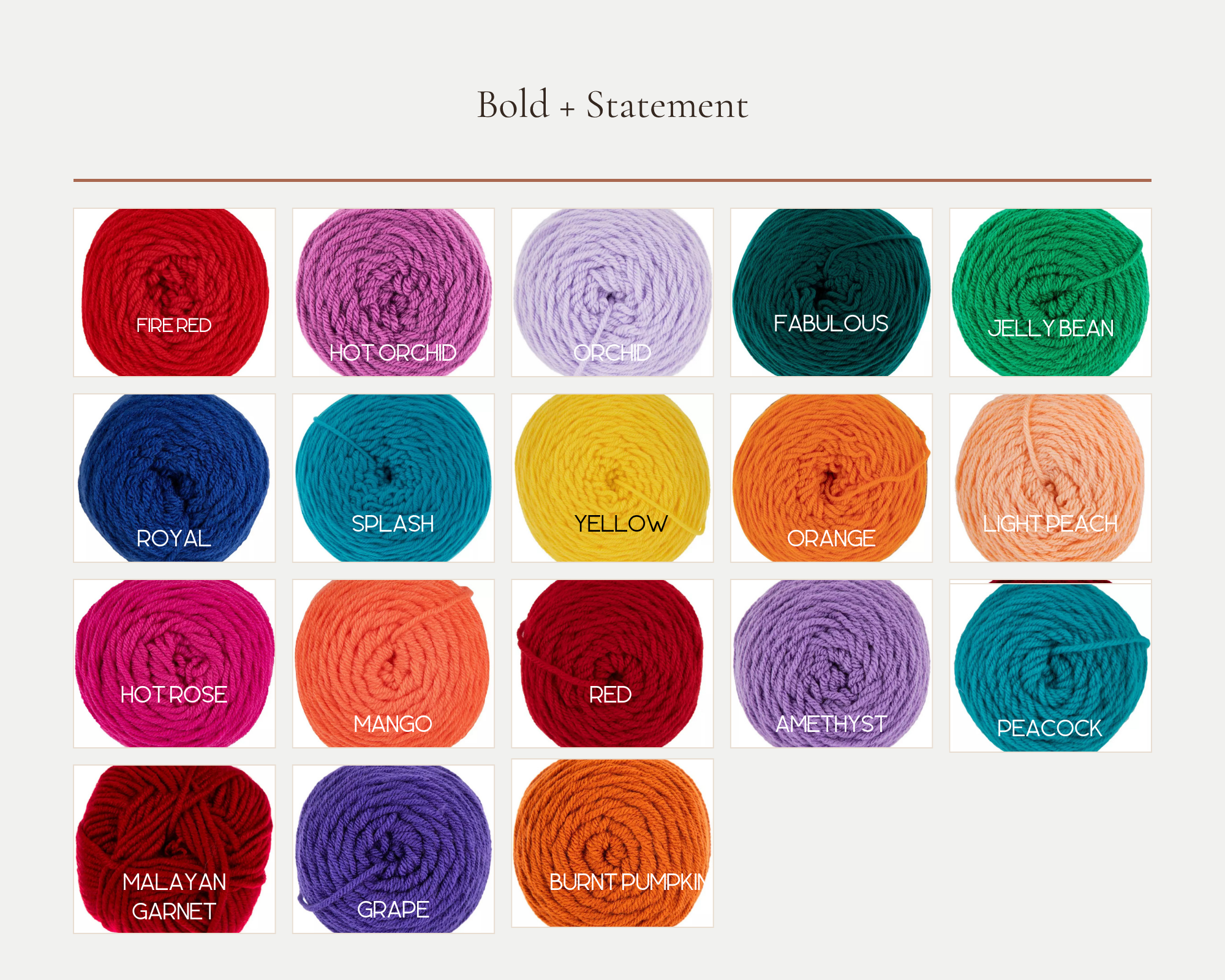 A display of various colorful yarn balls labeled with their names, including Fire Red, Hot Orchid, Orchid, Fabulous, Jelly Bean, Royal, Splash, Yellow, Orange, Light Peach, Hot Rose, Mango, Red, Amethyst, Peacock, Malayan Garnet, Grape, Burnt Pumpkin, and Bright Pumpkin.
