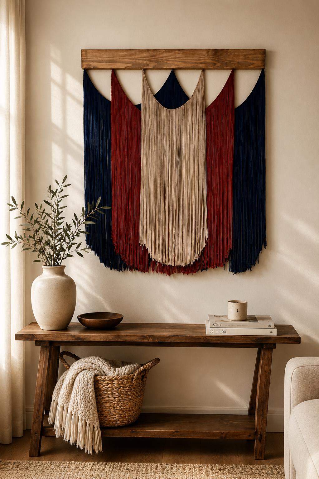 Handcrafted fiber wall hanging in navy, red, and cream displayed above a rustic wood console table with a vase, bowl, books, and woven basket.