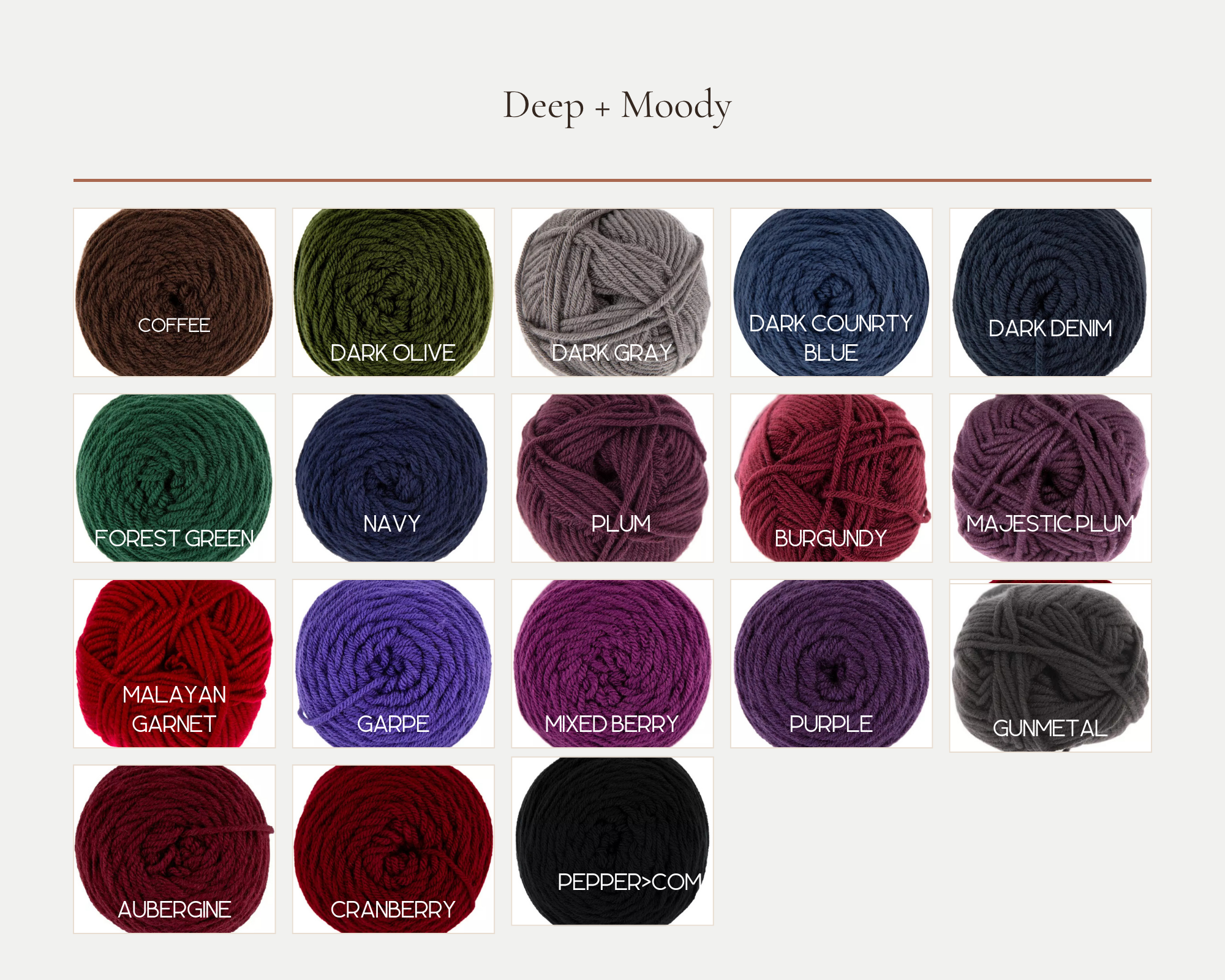Display of various yarn balls in different colors including Coffee, Dark Olive, Dark Gray, Dark Country Blue, Dark Denim, Forest Green, Navy, Plum, Burgundy, Majestic Plum, Malayan Garnet, Garpe, Mixed Berry, Purple, Gunmetal, Aubergine, Cranberry, Pepper Contemporary.