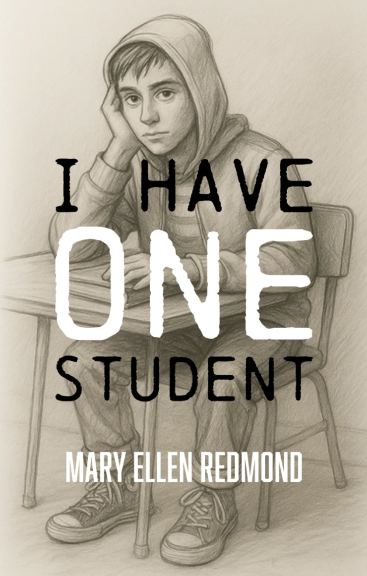 Drawing of a teenage boy sitting at a desk with his head resting on his hand, wearing a hoodie. Overlaid text reads "I HAVE ONE STUDENT" and "MARY ELLEN REDMOND".