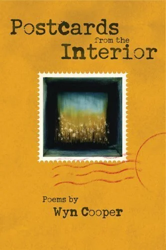 Cover of the book titled "Postcards from the Interior" featuring a window with a colorful landscape scene and orange postal markings.