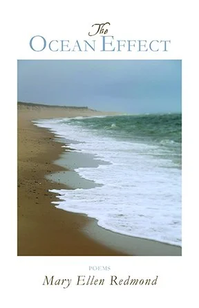 Book cover for 'The Ocean Effect' by Mary Ellen Redmond, featuring a beach with sand, waves, and a partly cloudy sky.
