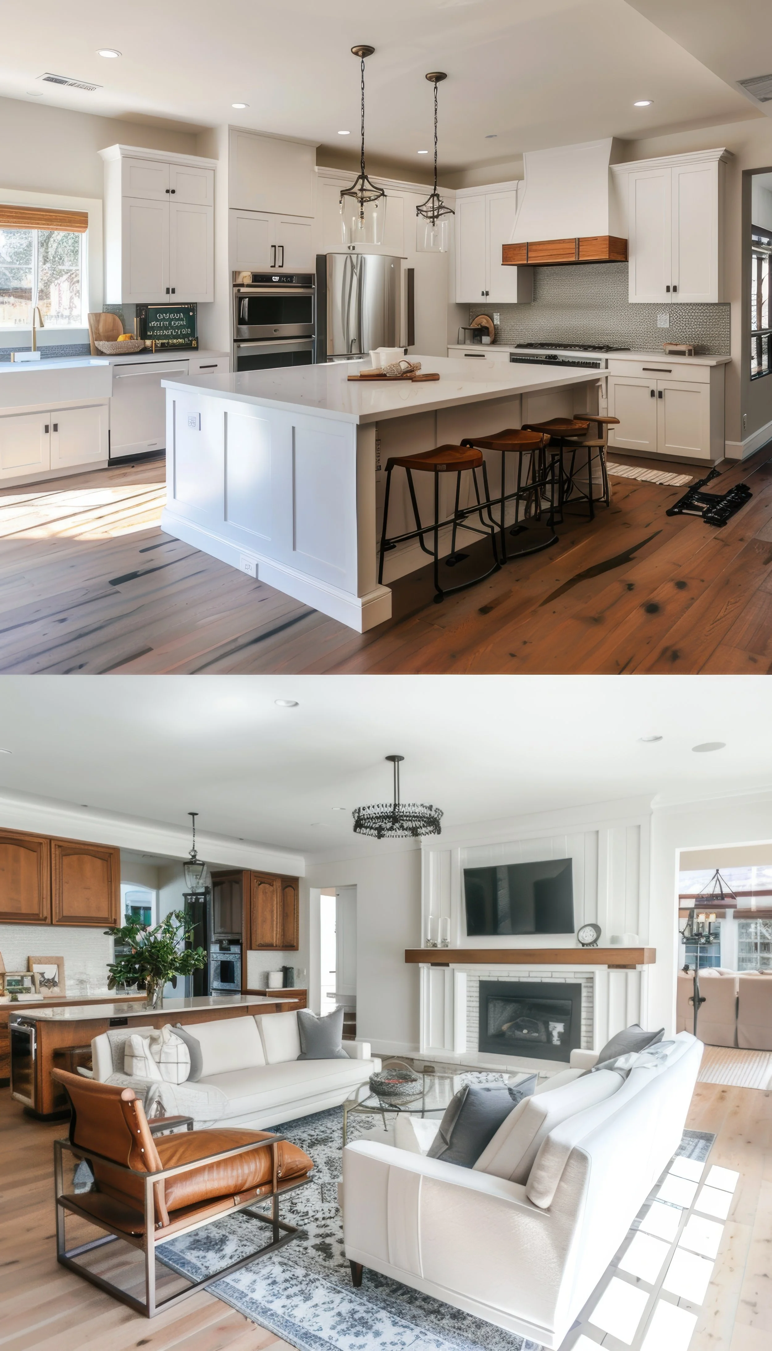 Interior of a modern kitchen with white cabinets, a large island with seating, stainless steel appliances, and natural light from windows.