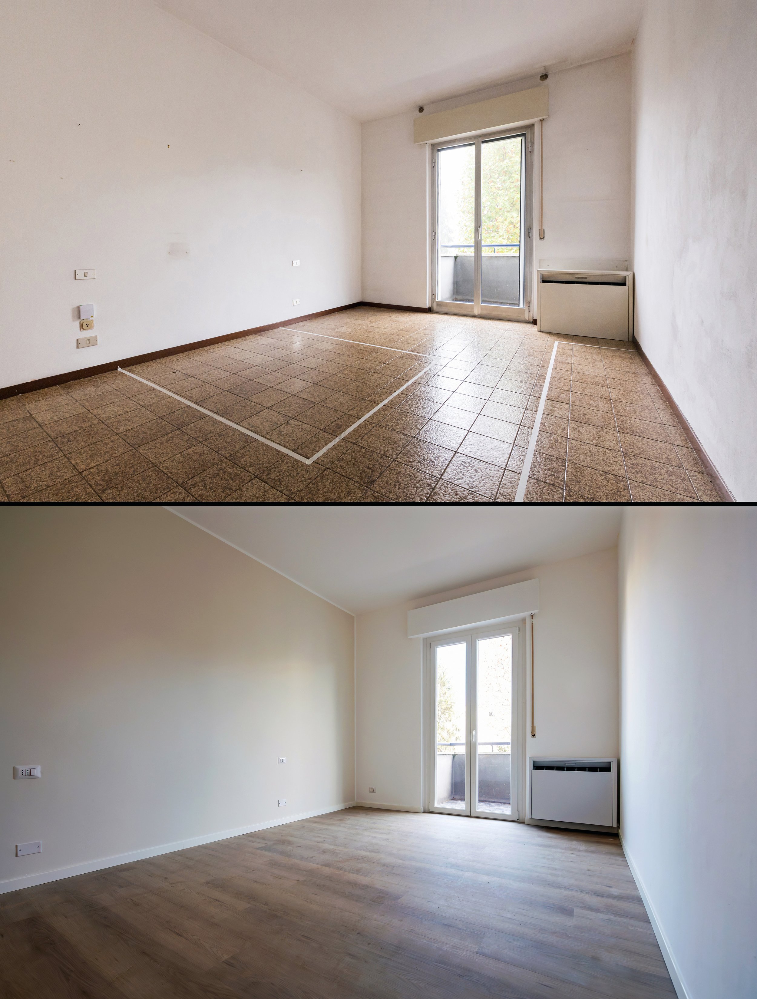 Empty room with beige tiled floor, white walls, and a large window leading to a balcony.