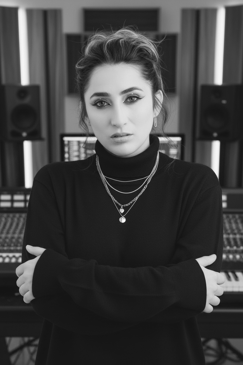 Black and white photo of a young woman wearing a turtleneck sweater, with jewelry including layered necklaces and earrings, standing in a music studio with audio equipment and speakers in the background.