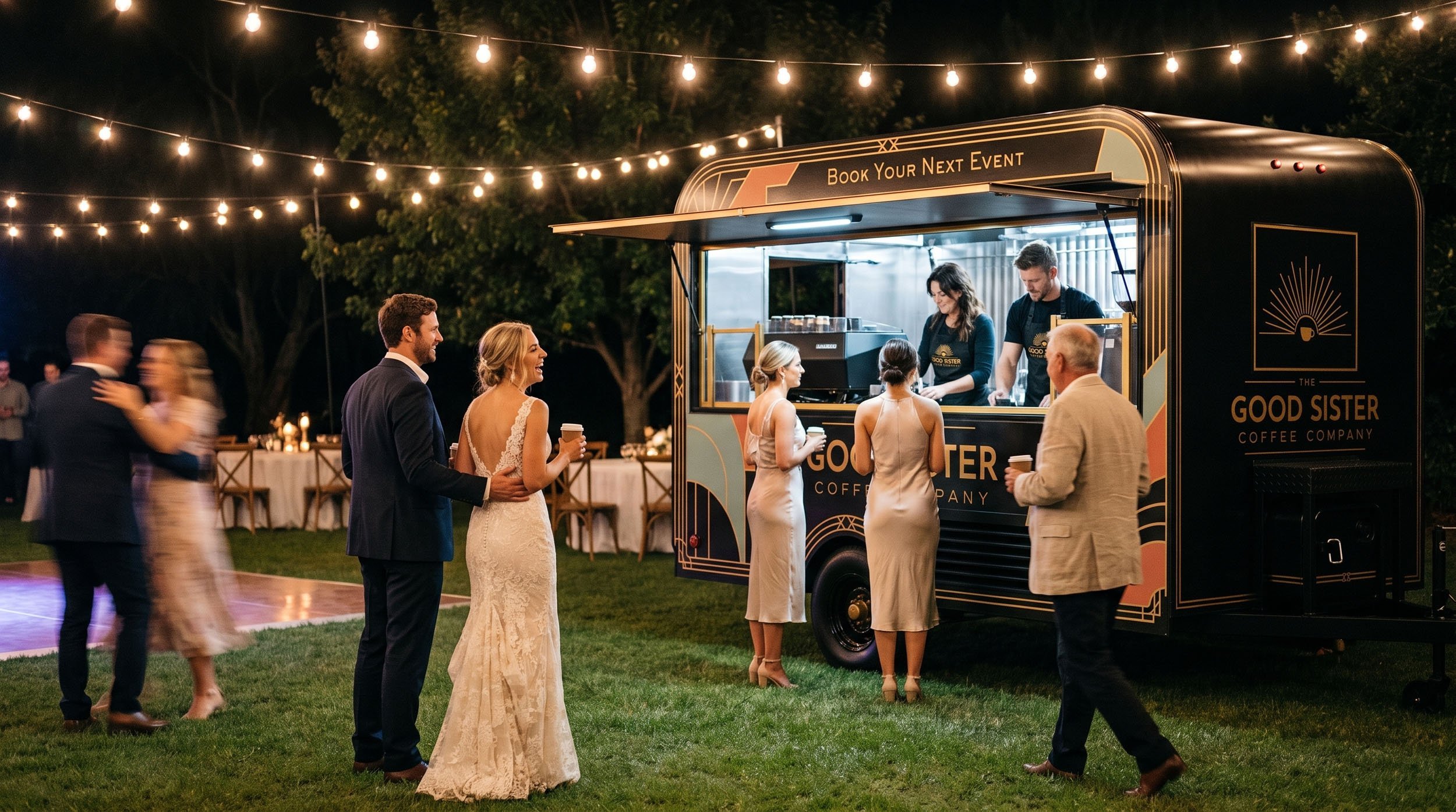 People gathered around a coffee truck at an outdoor evening event, with string lights overhead, a couple holding coffee cups, and tables with chairs in the background.