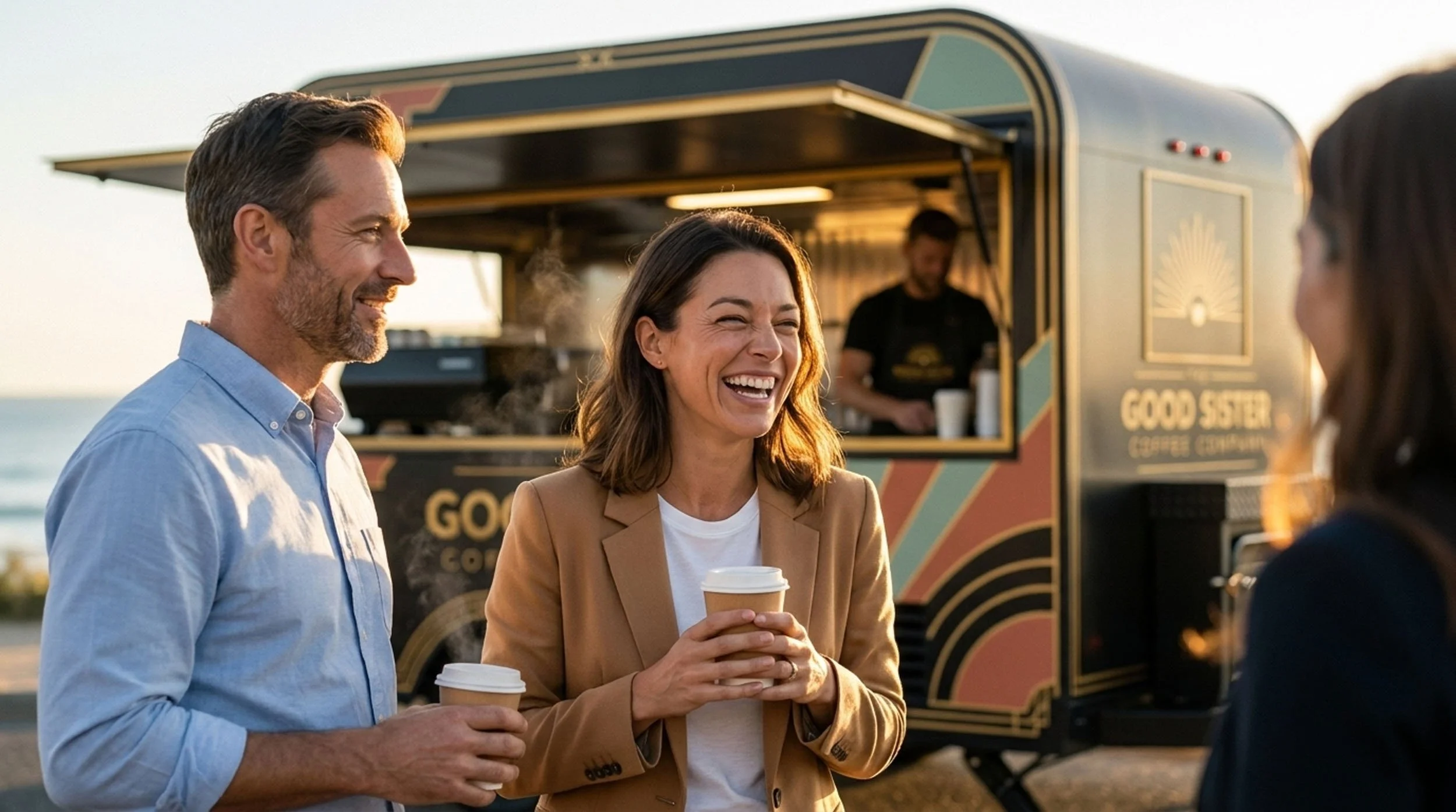 Three people chatting outdoors near a coffee truck, with two holding coffee cups and one woman smiling and holding a coffee cup, during a sunny day.