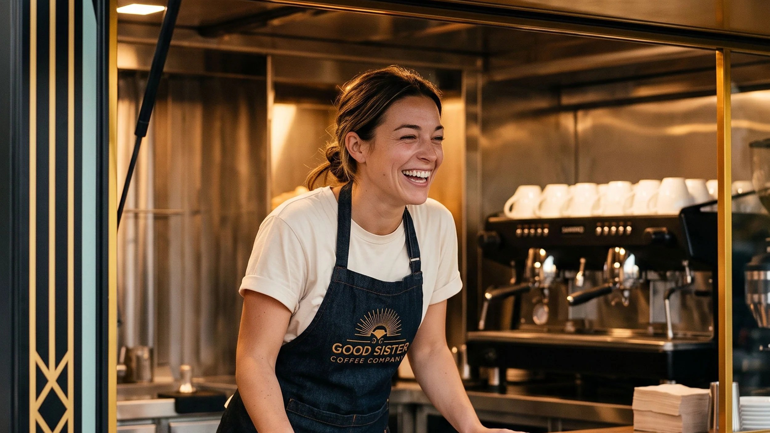 A woman smiling behind a counter at a coffee shop, wearing a black apron with the logo 'Good Sister Coffee Company,' in a cozy, modern cafe setting.