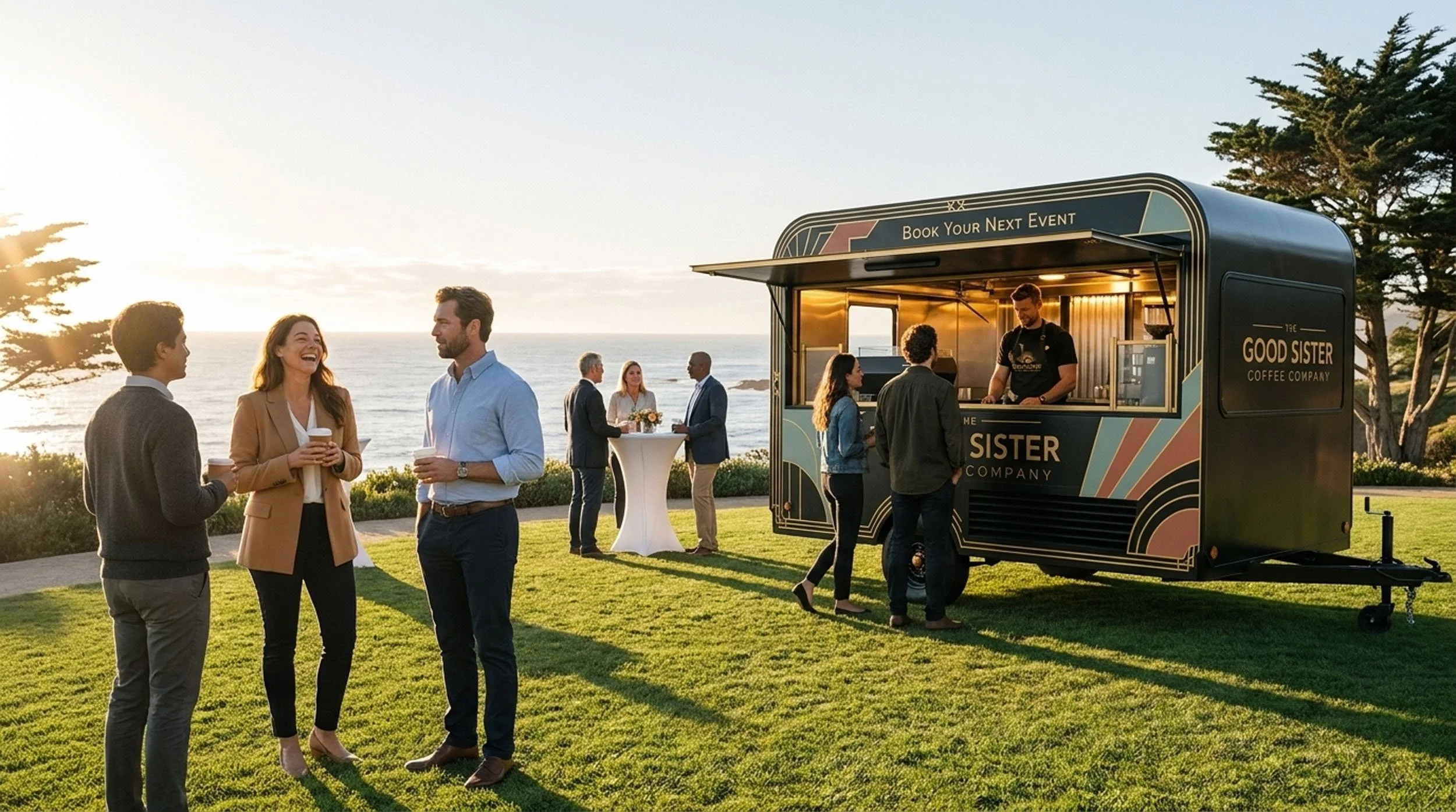 People socializing and ordering coffee at a mobile coffee truck near the ocean at sunset.