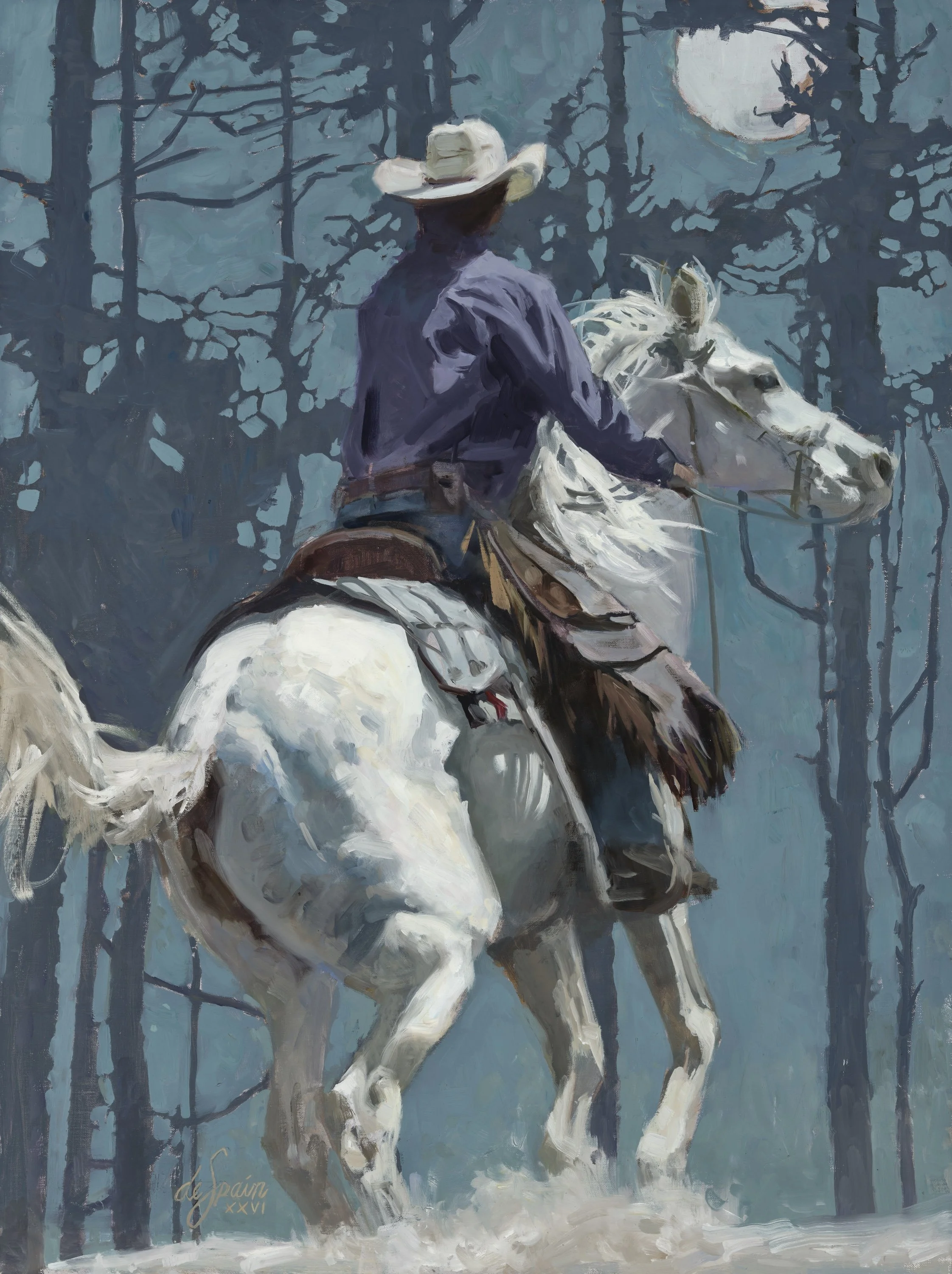 "Once Upon a Moonlit Trail" Oil on Linen, (Awards- "Artist's Choice" & "Award of Merit": Colorado Governor's Show 2026)