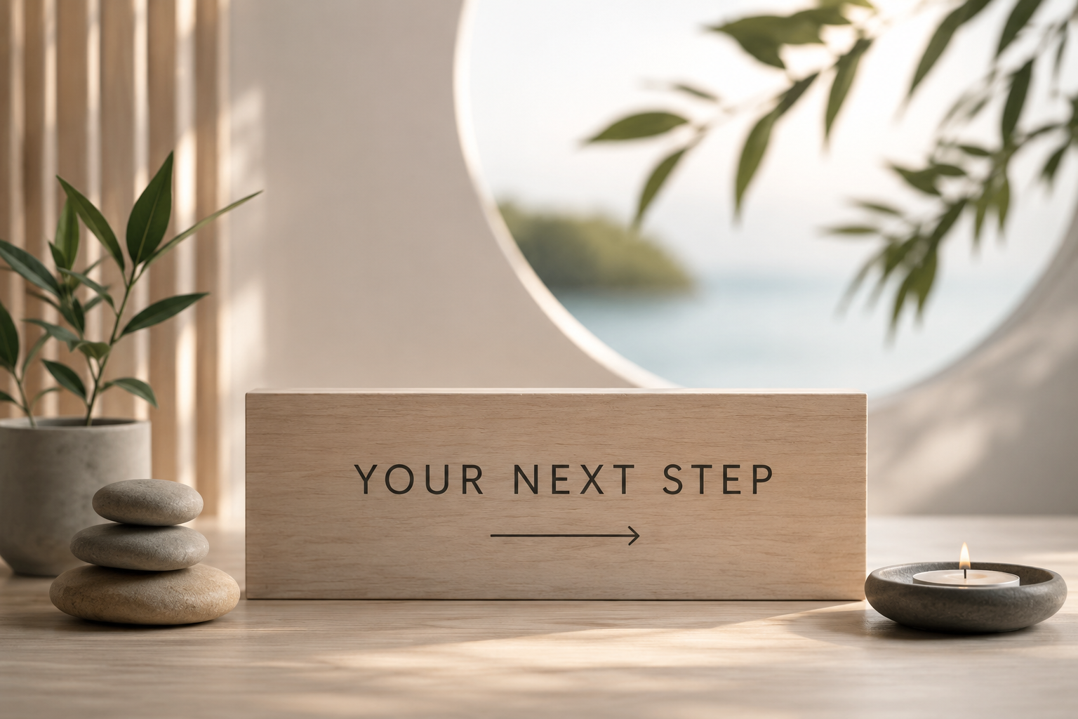 Wooden sign on a table with the text 'Your Next Step' and an arrow pointing right, surrounded by a candle and stacked stones, with greenery and a circular window overlooking water in the background.