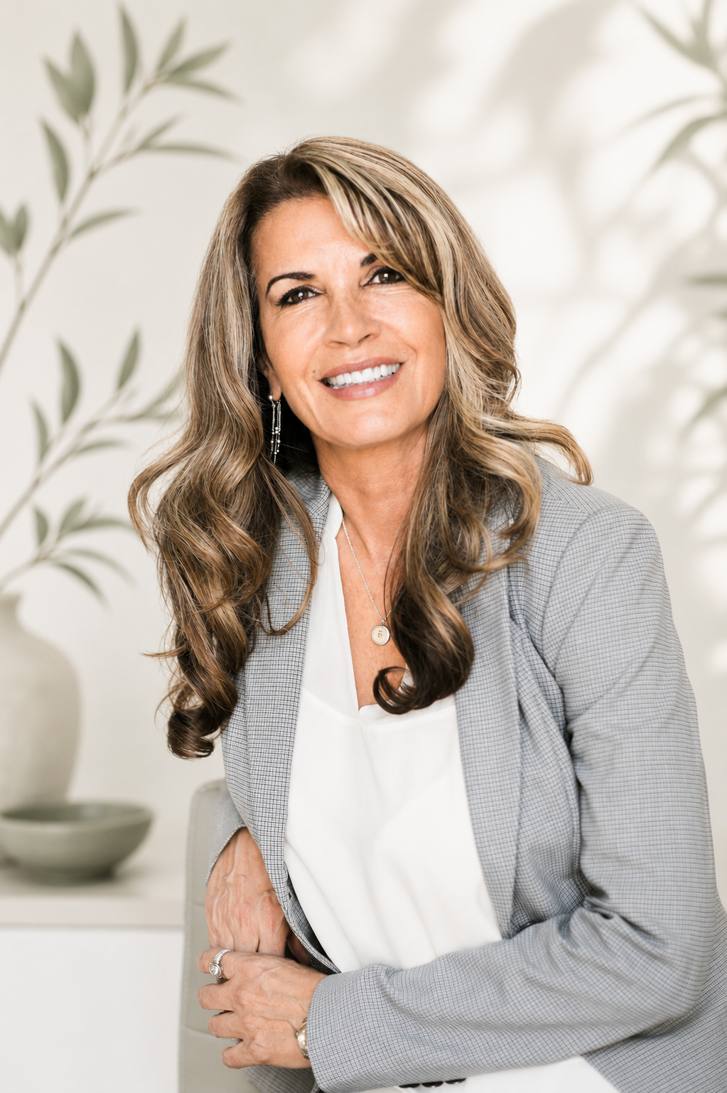 A photo of Lisa Goodwinwith long wavy light brown hair, wearing a gray checked blazer and white blouse, sitting in an indoor setting with blurred greenery in the background.